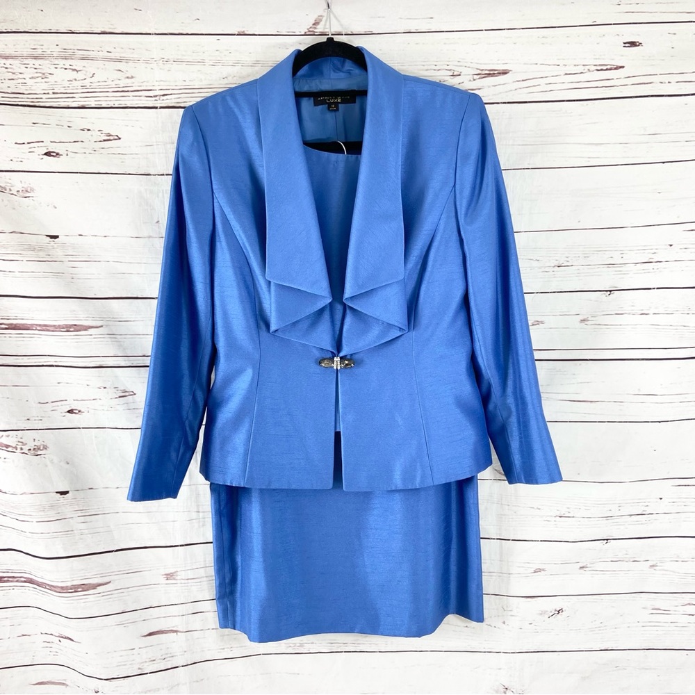 Tahari Asl Luxe 3PC Skirt Suit Women’s 10 Blue Beaded Shiny Long Shawl‎ Neck